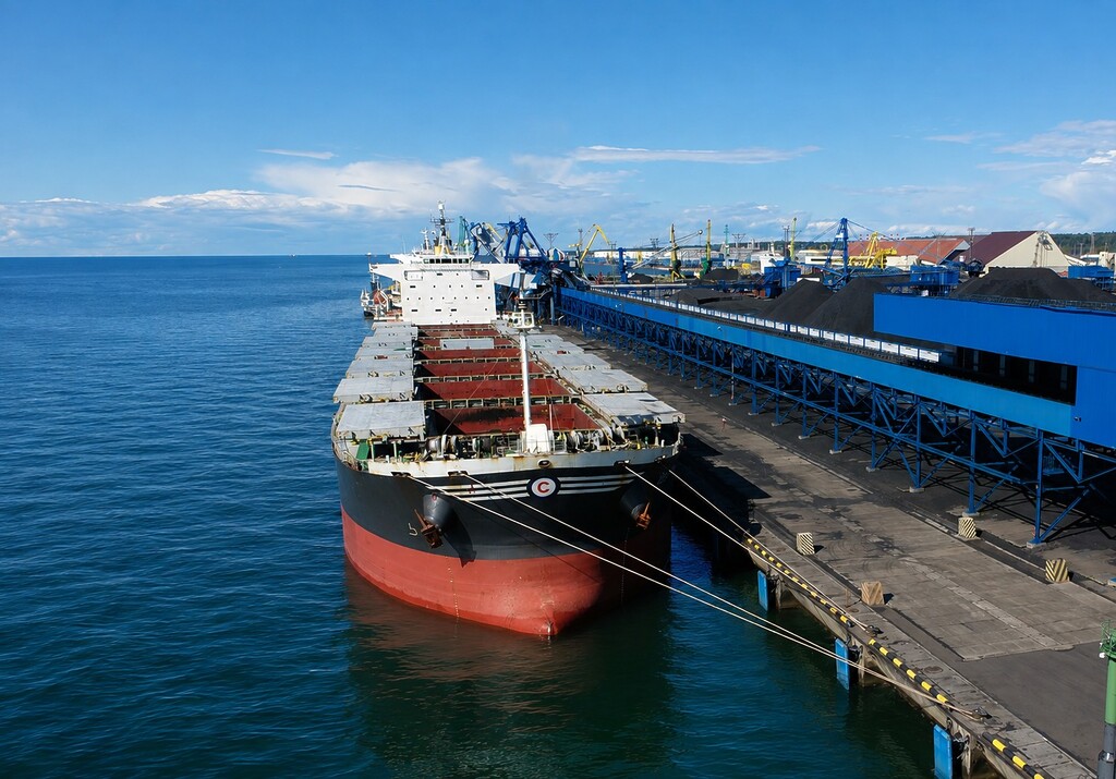 Coal terminal and bulk carrier illustrating Russian coal exports to Turkey, which declined 22.9% in H1 2026.