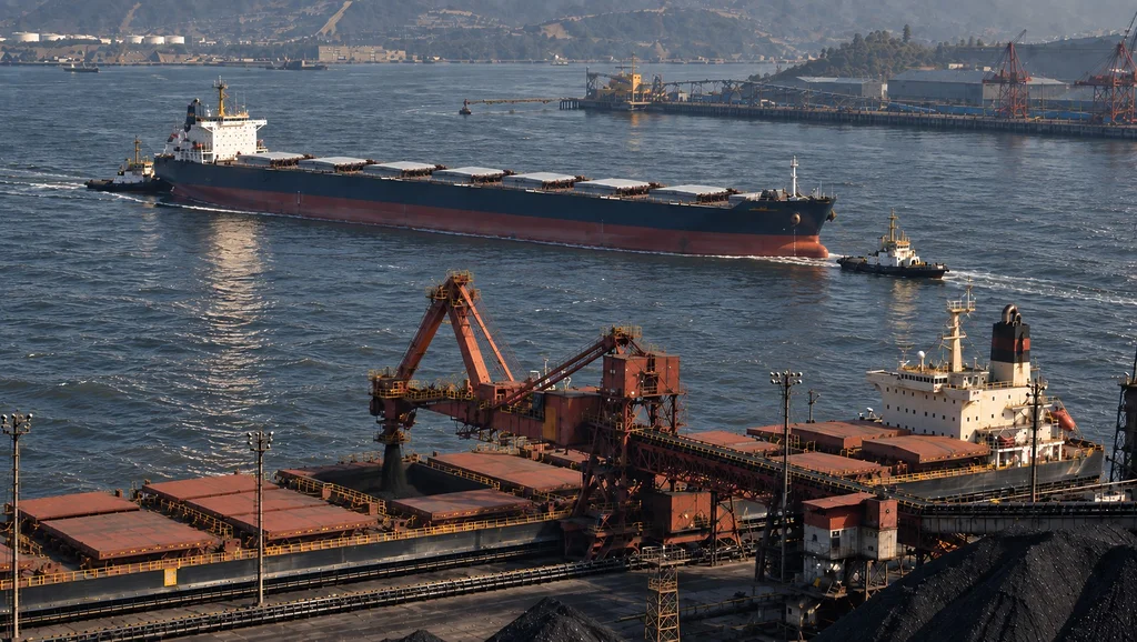 Bulk carrier and coal loading facilities at a major export terminal.