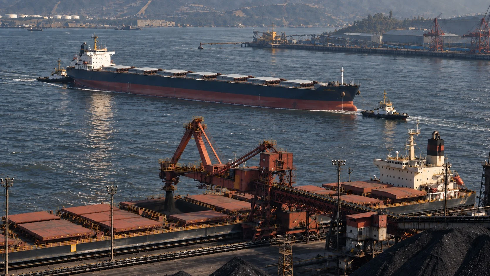 Bulk carrier and coal loading facilities at a major export terminal.