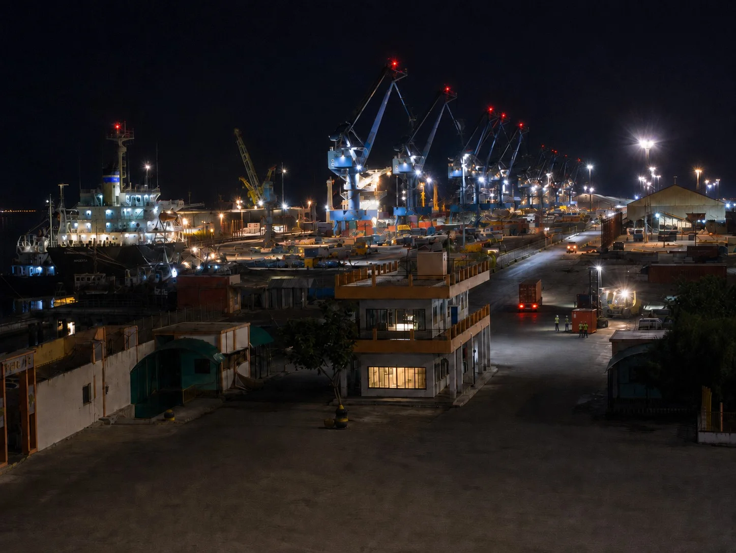 Night view of port cranes, cargo vessels and terminal operations at a coal import facility.