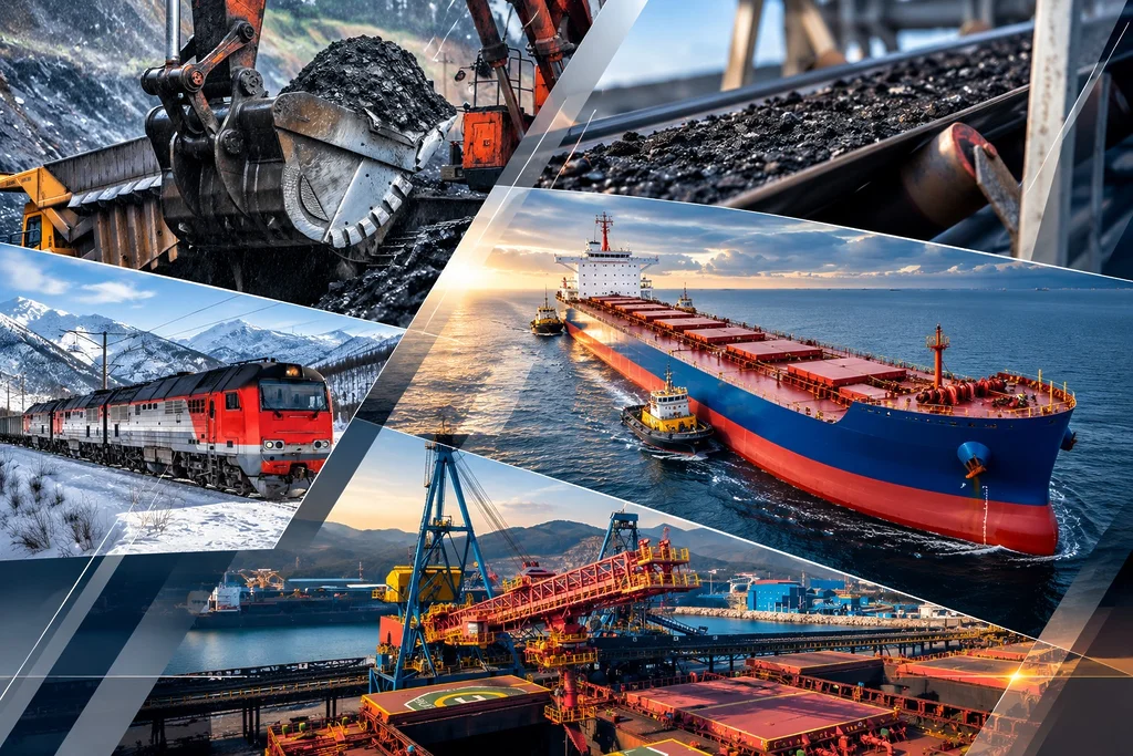 Collage showing coal mining, rail transport, bulk shipping, conveyor systems and port loading operations.