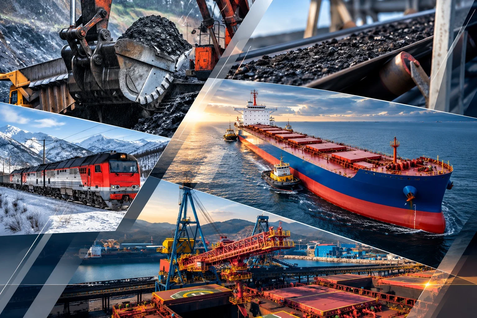 Collage showing coal mining, rail transport, bulk shipping, conveyor systems and port loading operations.