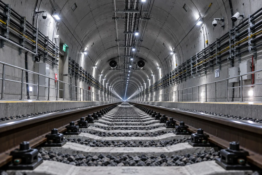 Railway tracks running through a modern concrete tunnel with lighting and safety systems.