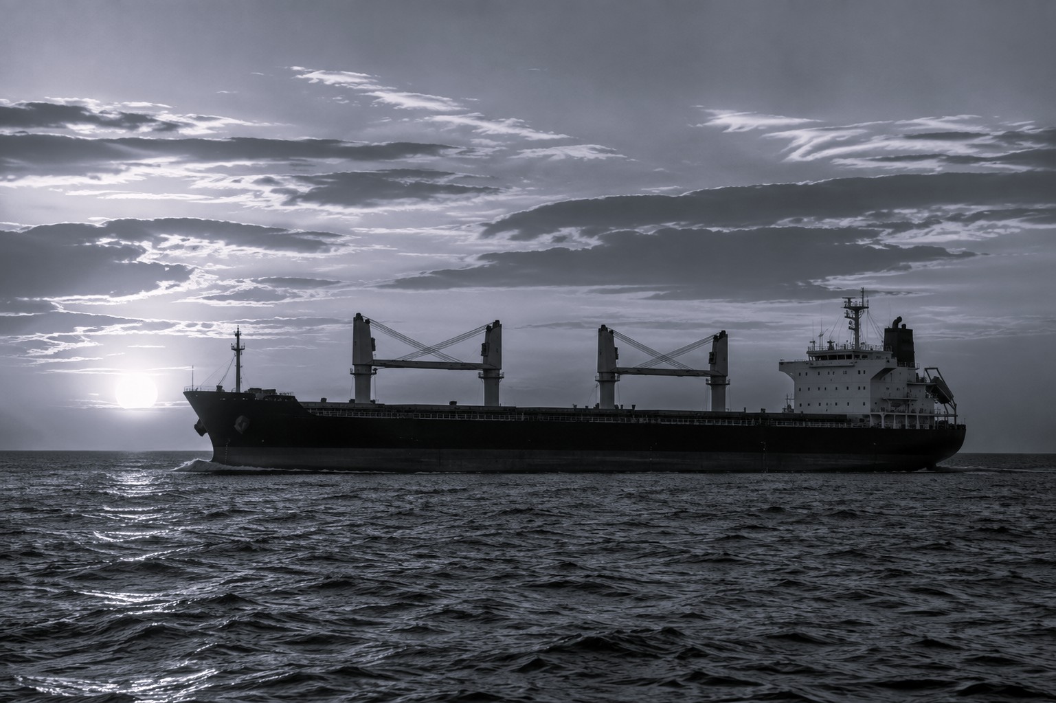 Bulk carrier sailing at sea under a cloudy sky at sunset.