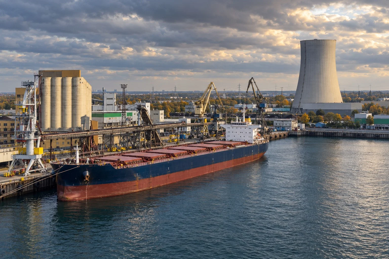 Bulk carrier docked at a coal terminal with cranes, conveyors and industrial facilities in the background.