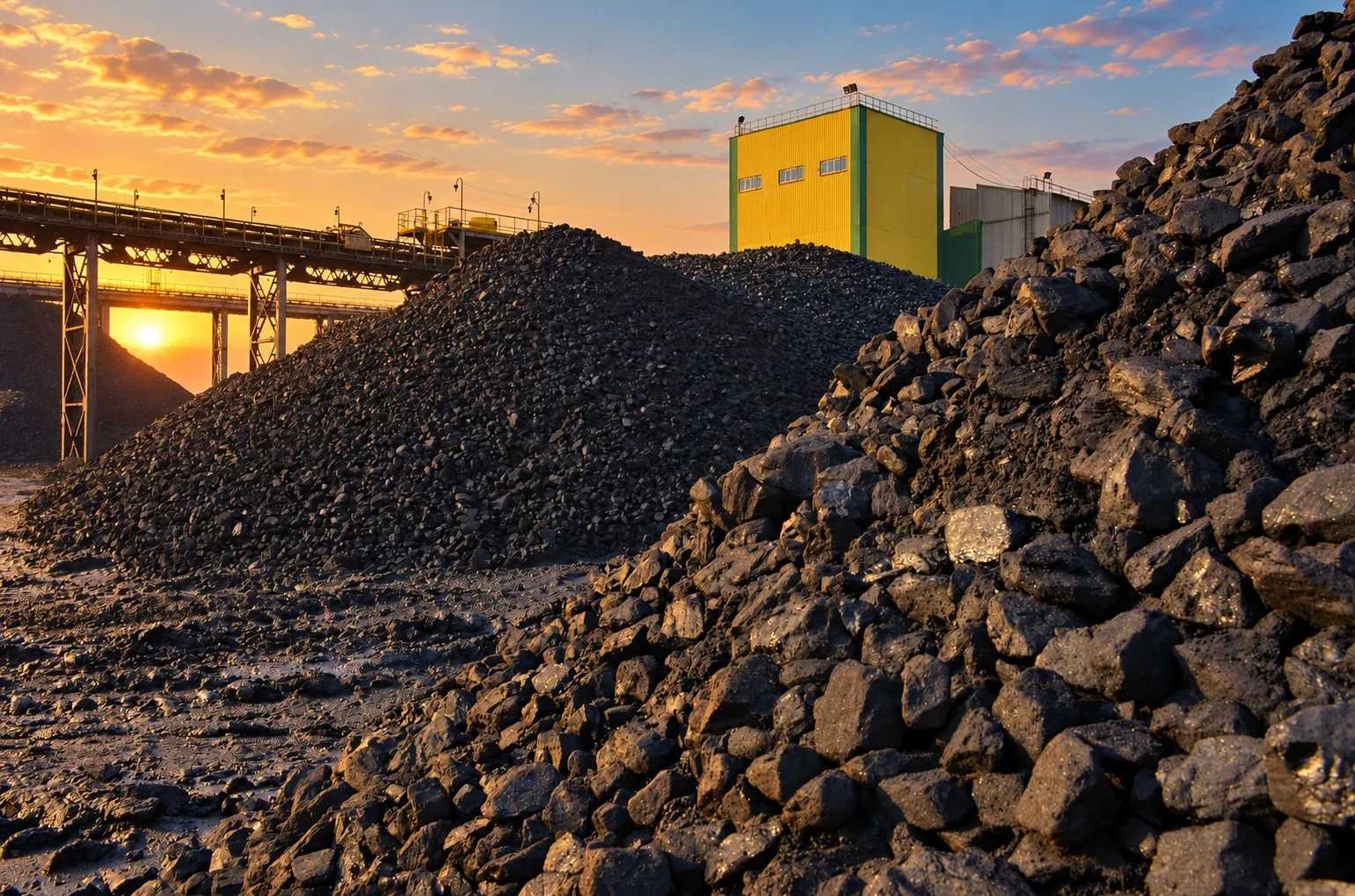 Large coal stockpiles beside conveyor infrastructure and industrial facilities at a coal production site.