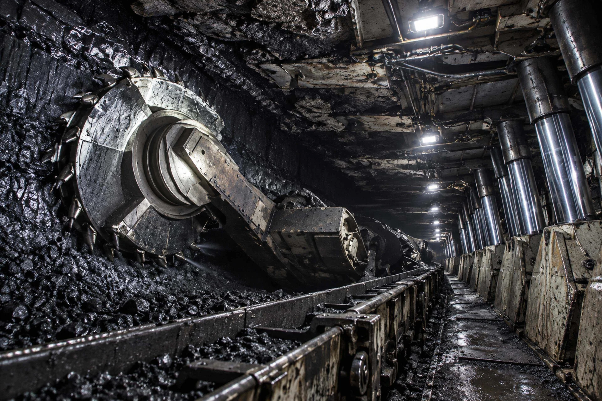 Underground coal mining at Raspadskaya mine | The Coal Hub Underground coal mining machinery cutting through a coal seam inside a mine tunnel.
