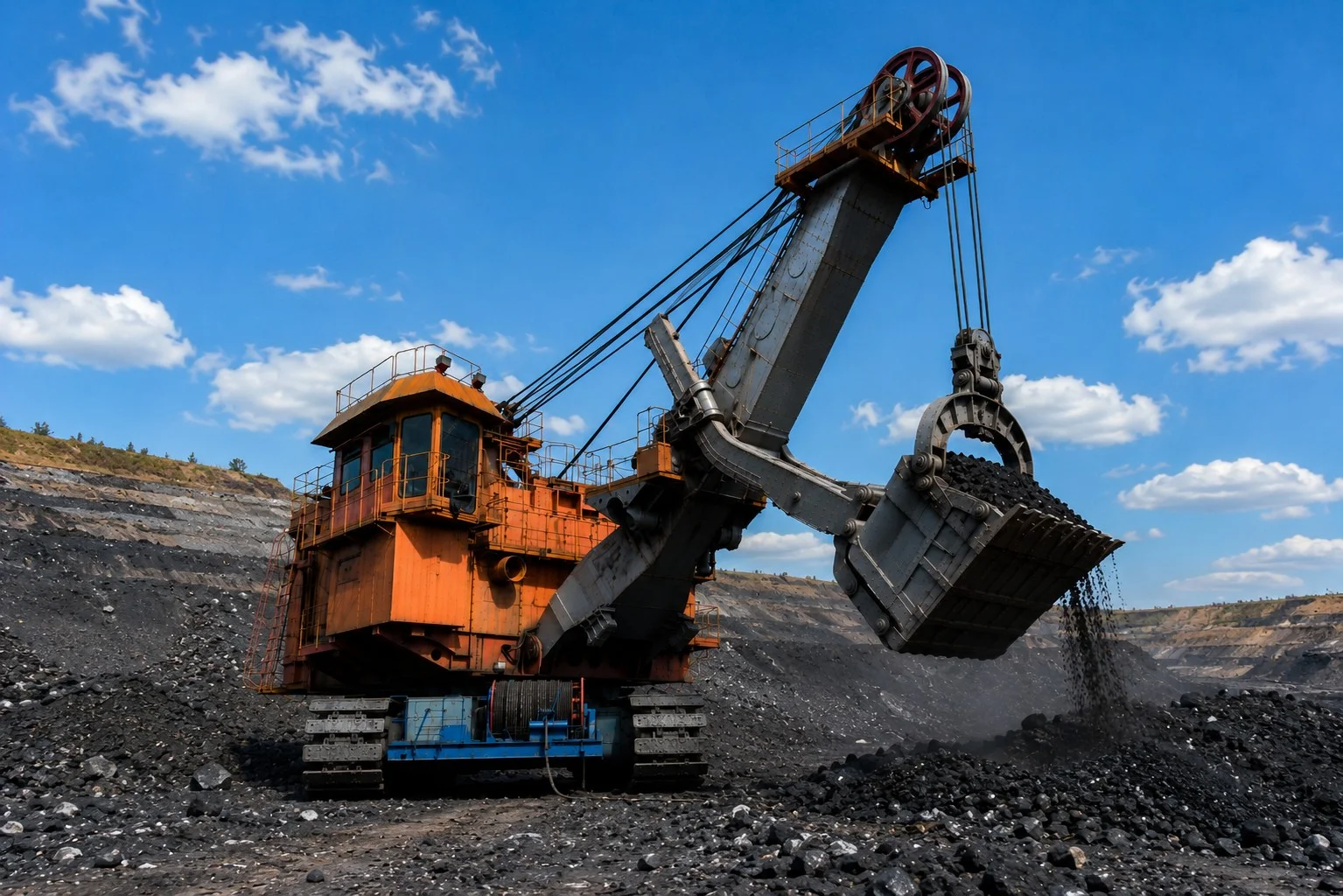 Large excavator loading coal at an open-pit mine under a clear blue sky.