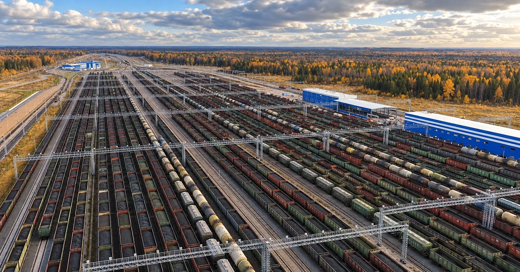 Large rail yard filled with coal wagons and freight trains across multiple tracks.