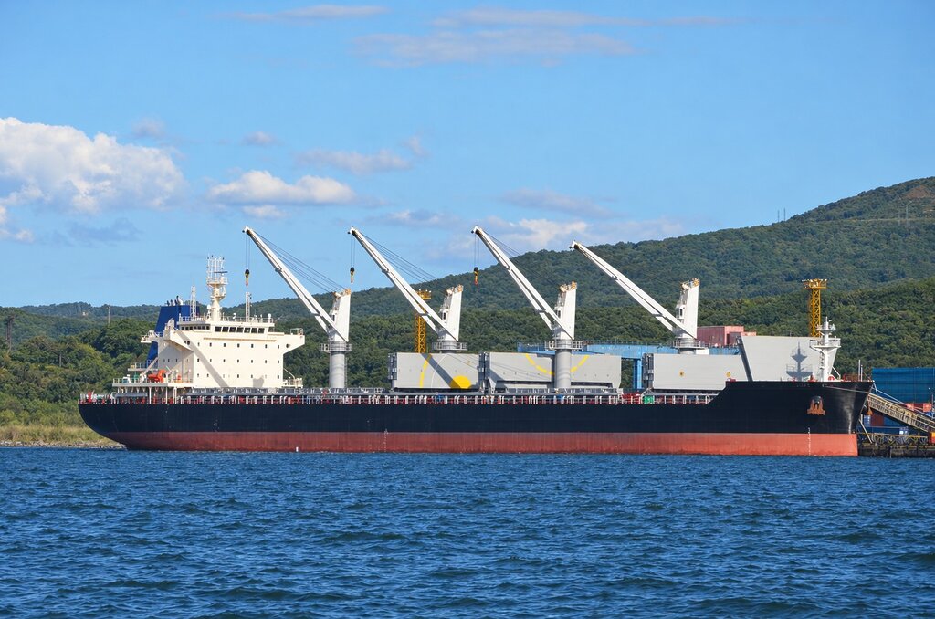 Large bulk carrier docked at a coal terminal with shipboard cranes and loading infrastructure.