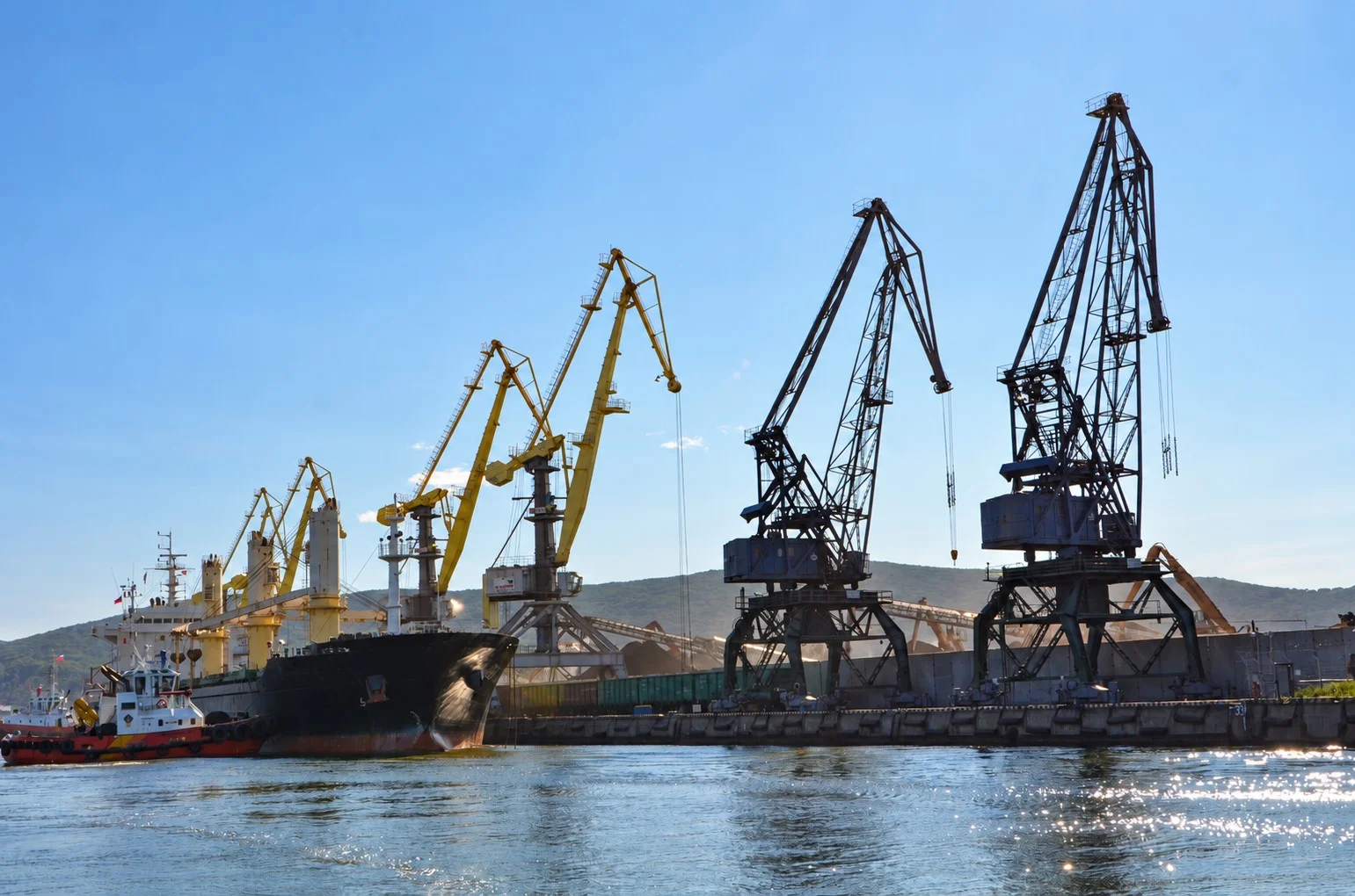 Bulk carrier docked at a coal export terminal with large loading cranes and rail wagons.