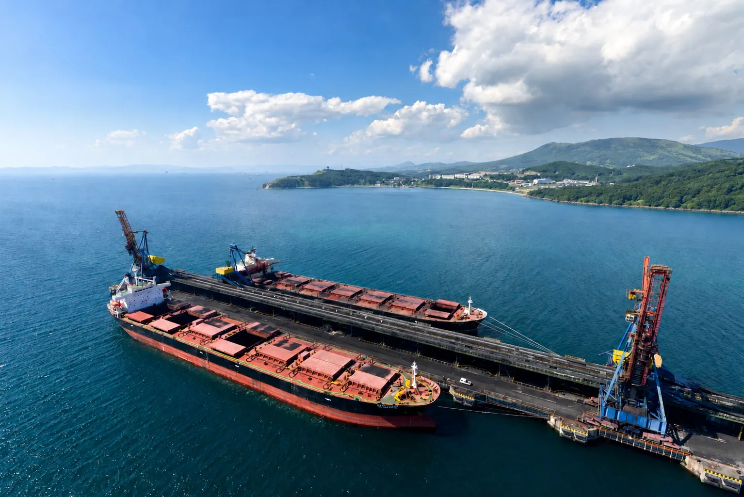 Bulk carriers docked at a coal export terminal with loading cranes and conveyor equipment.